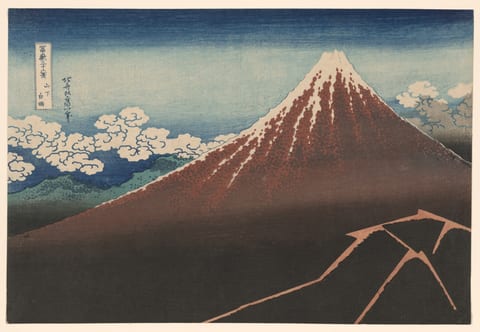 Shower Below the Summit (Sanka hakuu) by Katsushika Hokusai, colour woodblock print